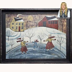 Kathy Graybill Hand Painted Salt Box House, Barn & Skaters Original Artwork - 21" x 27"