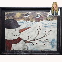 Kathy Graybill Hand Painted Snowman & Three Salt Box Houses Original Artwork - 21" x 27"