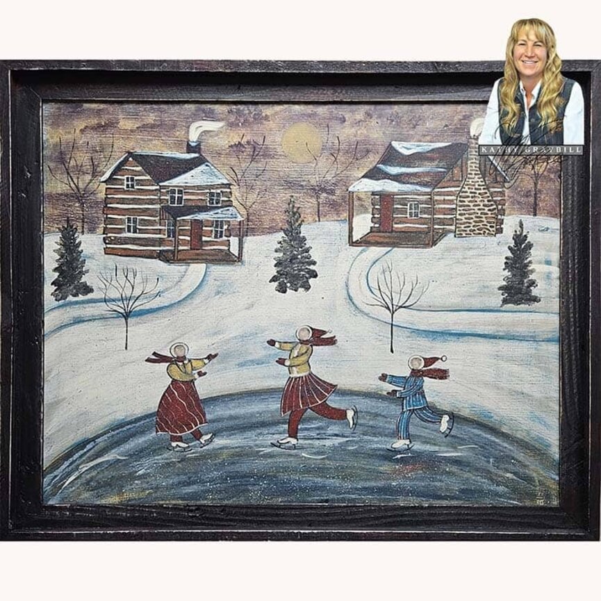 Kathy Graybill Log Cabin with Children Skating Hand PaintedOriginal Artwork - 25" x 31"
