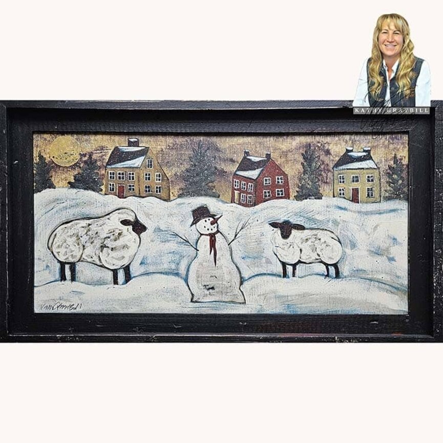 Kathy Graybill Hand Painted Two Sheep & Snowman - 27" x 15"