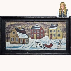 Kathy Graybill Hand Painted Sheep, Sleigh, Snowman & Three Salt Box Houses Original Artwork - 27" x 15"