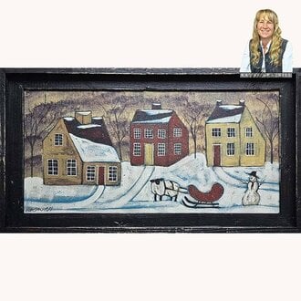 Sheep, Sleigh, Snowman & Three Salt Box Houses Kathy Graybill Original Artwork
