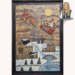 Kathy Graybill Hand Painted Santa with Sleigh & Flying Reindeer Original Artwork - 27" x 39"