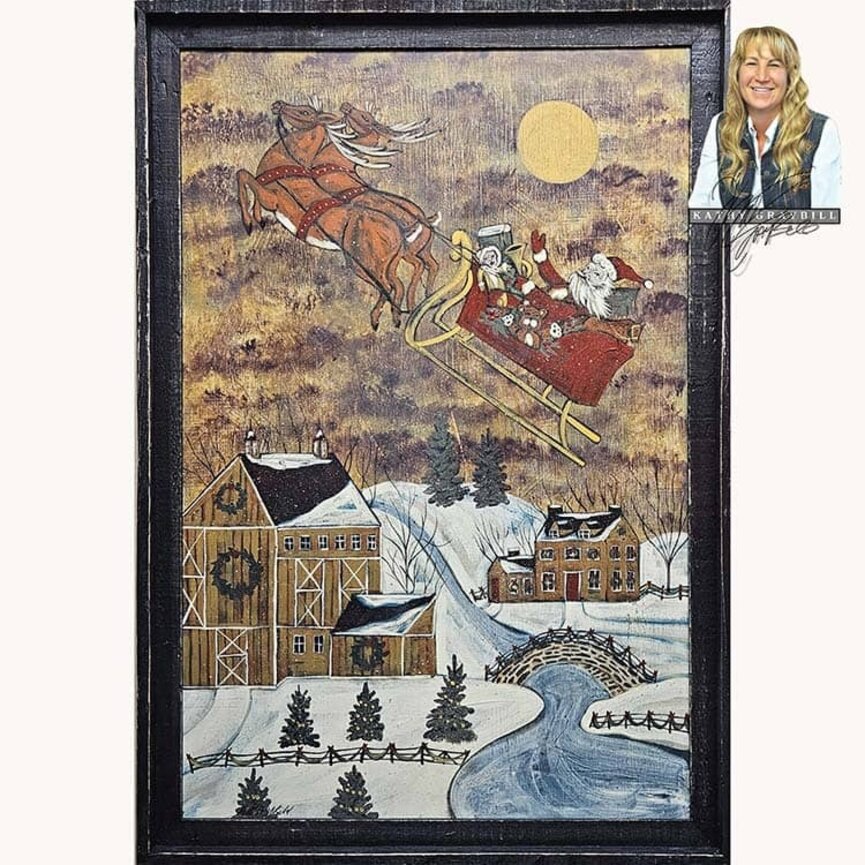 Kathy Graybill Hand Painted Santa with Sleigh & Flying Reindeer Original Artwork - 27" x 39"