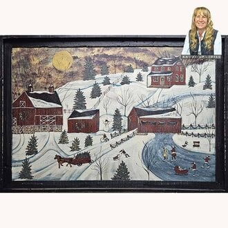 Winter Scene Hand Painted Red Barn & Red House Original Artwork - Large