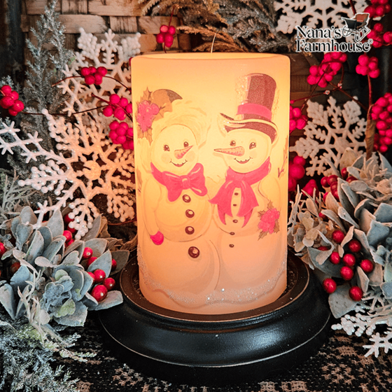Vintage Snowman Couple Candle Sleeve Antique Vanilla