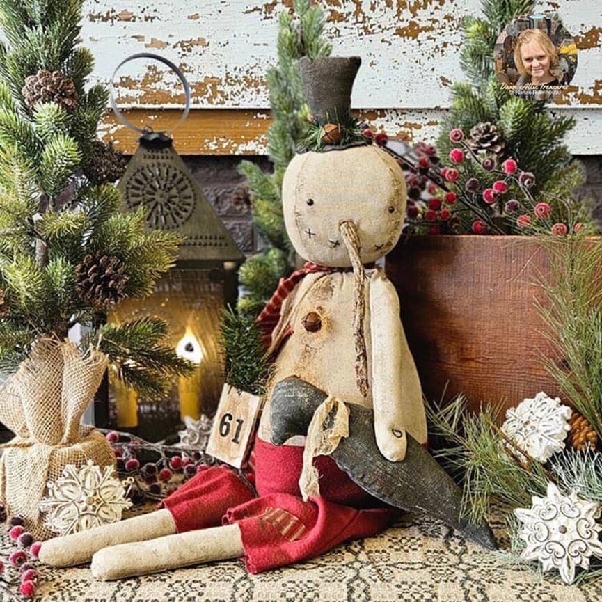 Charlie Snowman Shelf Sitter with Long Carrot Nose & Crow  - 19"