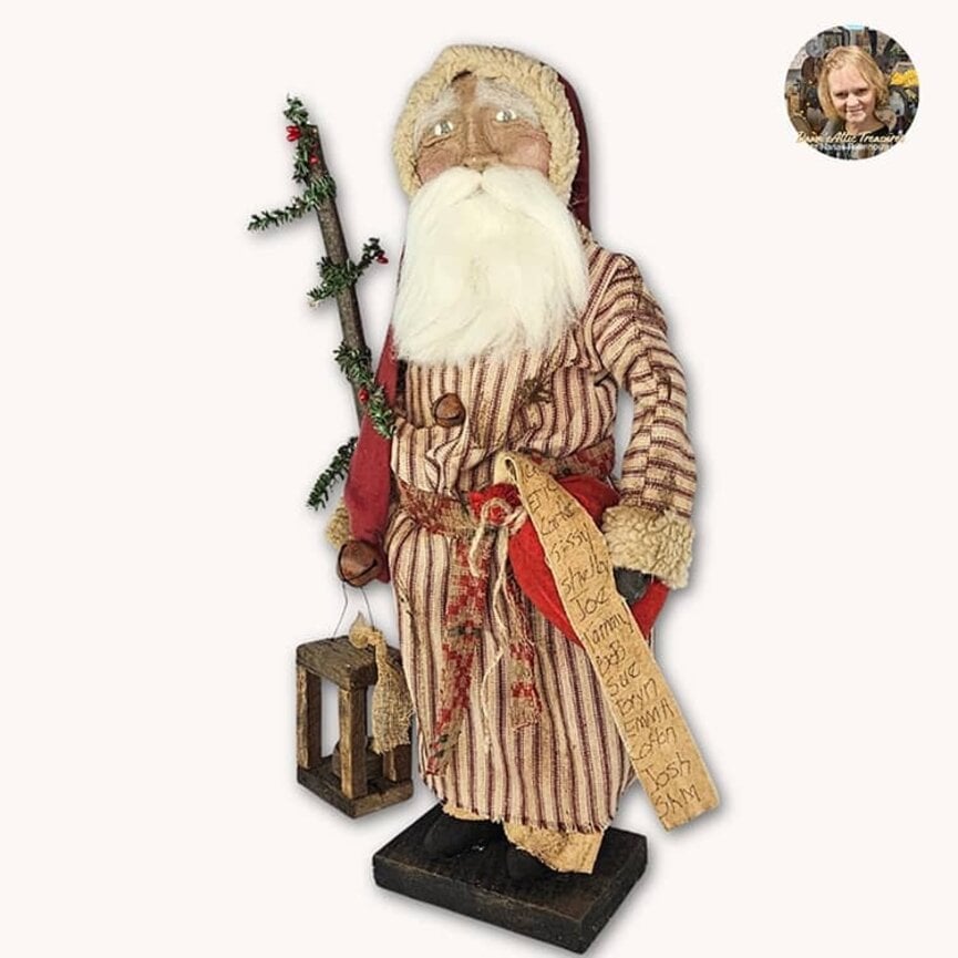 Saint Nick Santa Doll in Red Ticking Robe with Tree, Lantern & List - 21"
