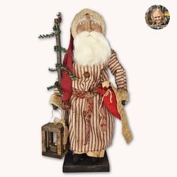 Saint Nick Santa Doll in Red Ticking Robe with Tree, Lantern & List - 21"