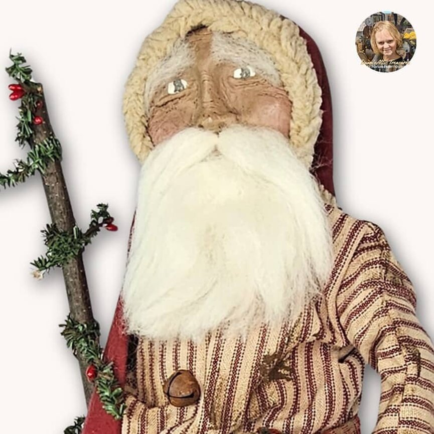 Saint Nick Santa Doll in Red Ticking Robe with Tree, Lantern & List - 21"