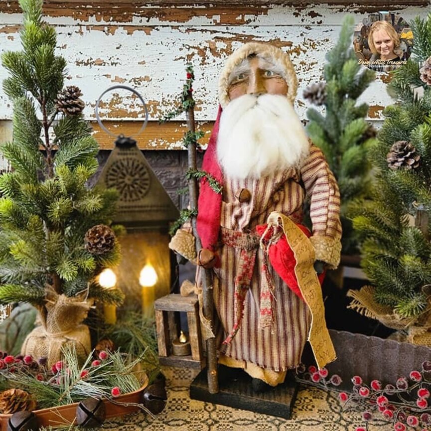 Saint Nick Santa Doll in Red Ticking Robe with Tree, Lantern & List - 21"