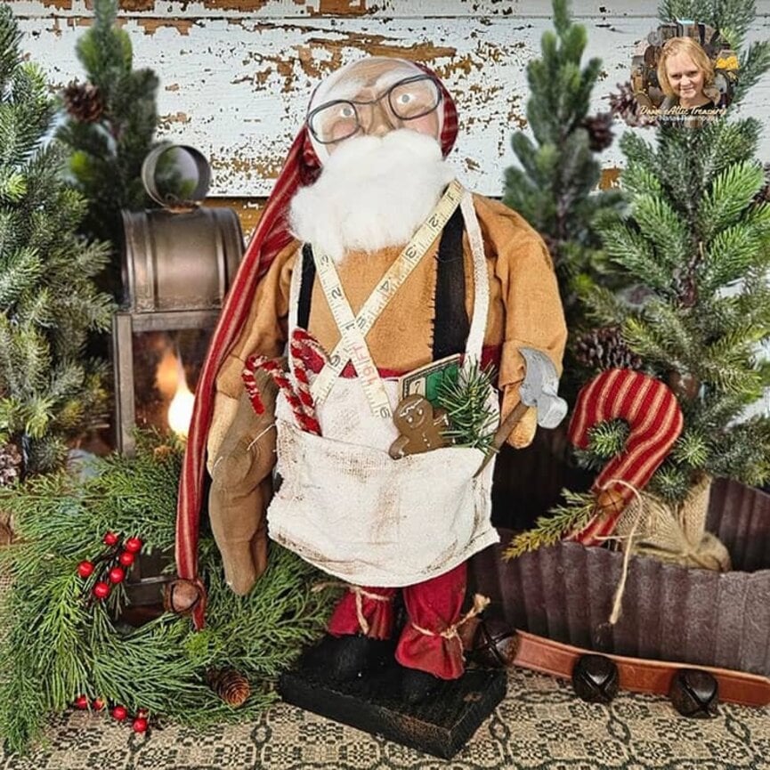 Santa Workshop Doll with Glasses, Work Apron, Tape Measure & Toy Ginger - 20"