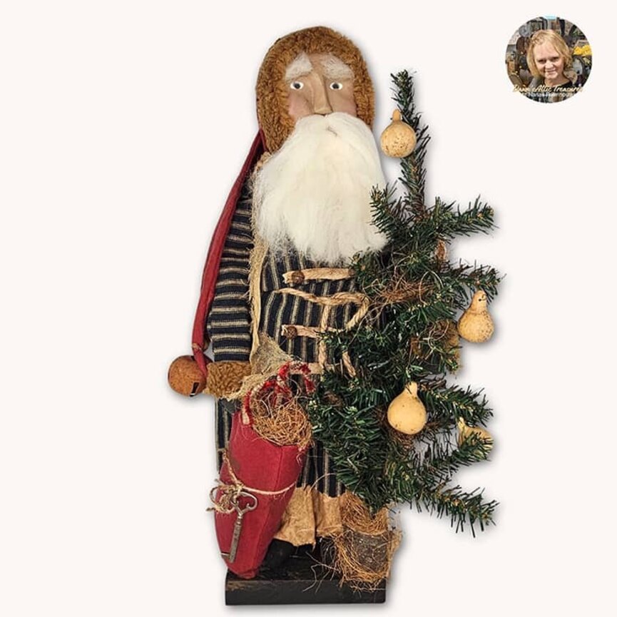 Olde Santa Doll in Ticking Robe Tree & Red Bag - 21"