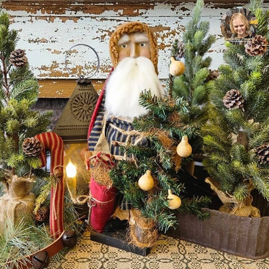 Olde Santa Doll in Ticking Robe Tree & Red Bag - 21"