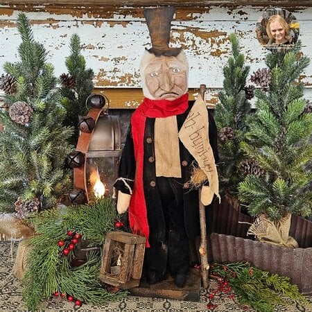 Scrooge Doll Holding Bah Humbug Canvas Sign