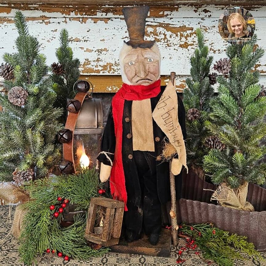Scrooge Doll Holding Bah Humbug Stick Sign & Lantern - 23"