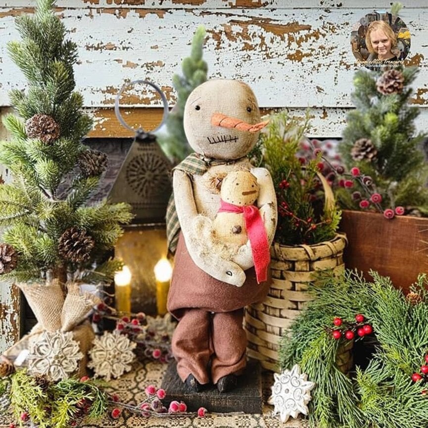 Sam Snowman Doll with Long Nose Plaid Scarf & Baby - 19"