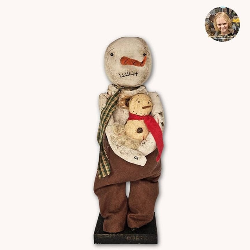Sam Snowman Doll with Long Nose Plaid Scarf & Baby - 19"