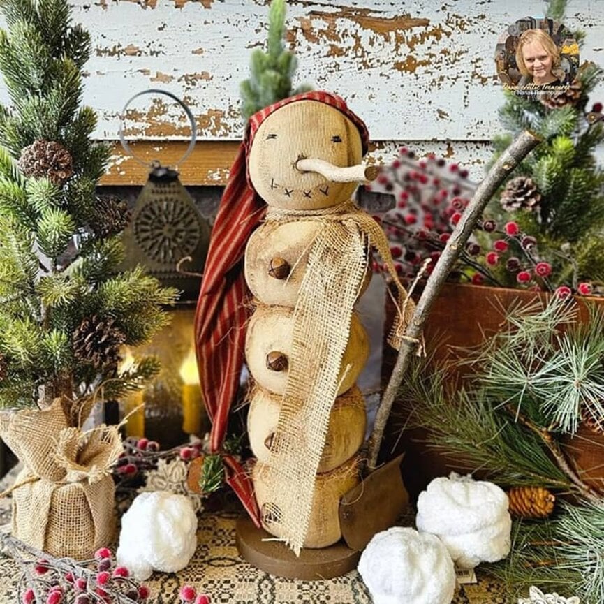 Jeff Snowguy Doll with Stick Shovel & Long Red Ticking Cap - 19"