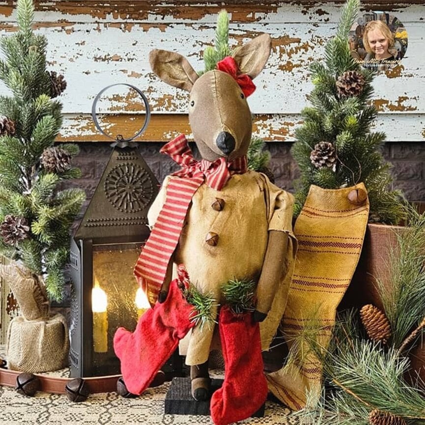 Momma Deer Doll with Two Red Stockings & Red Striped Scarf - 21"