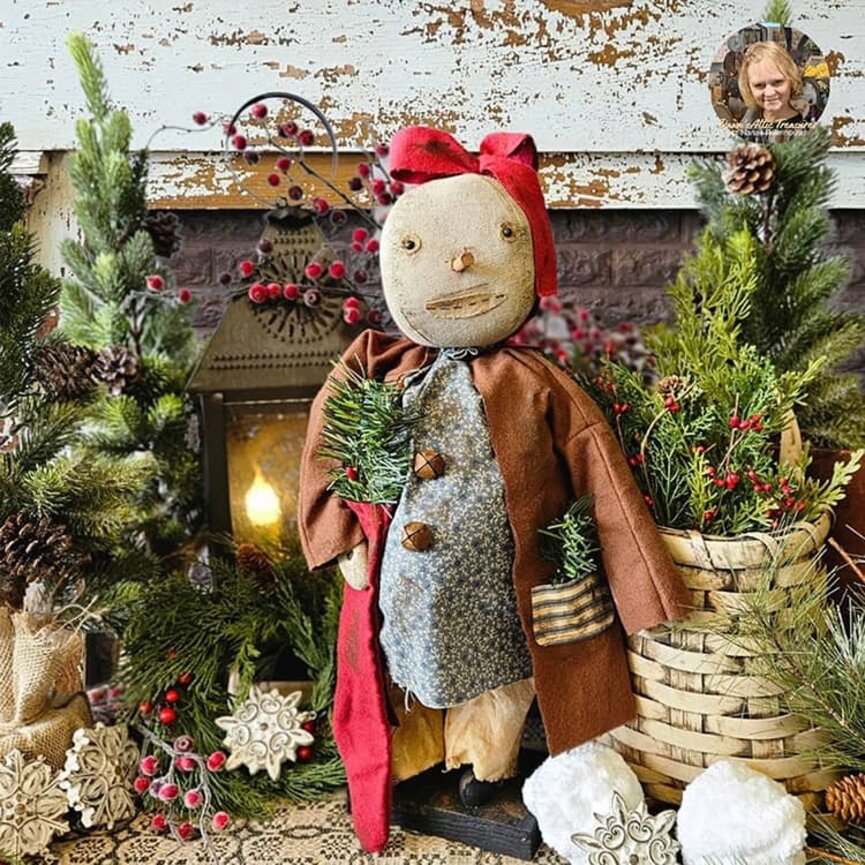 Dilly Snowgirl Doll Brown Coat Long & Red Stocking - 20"