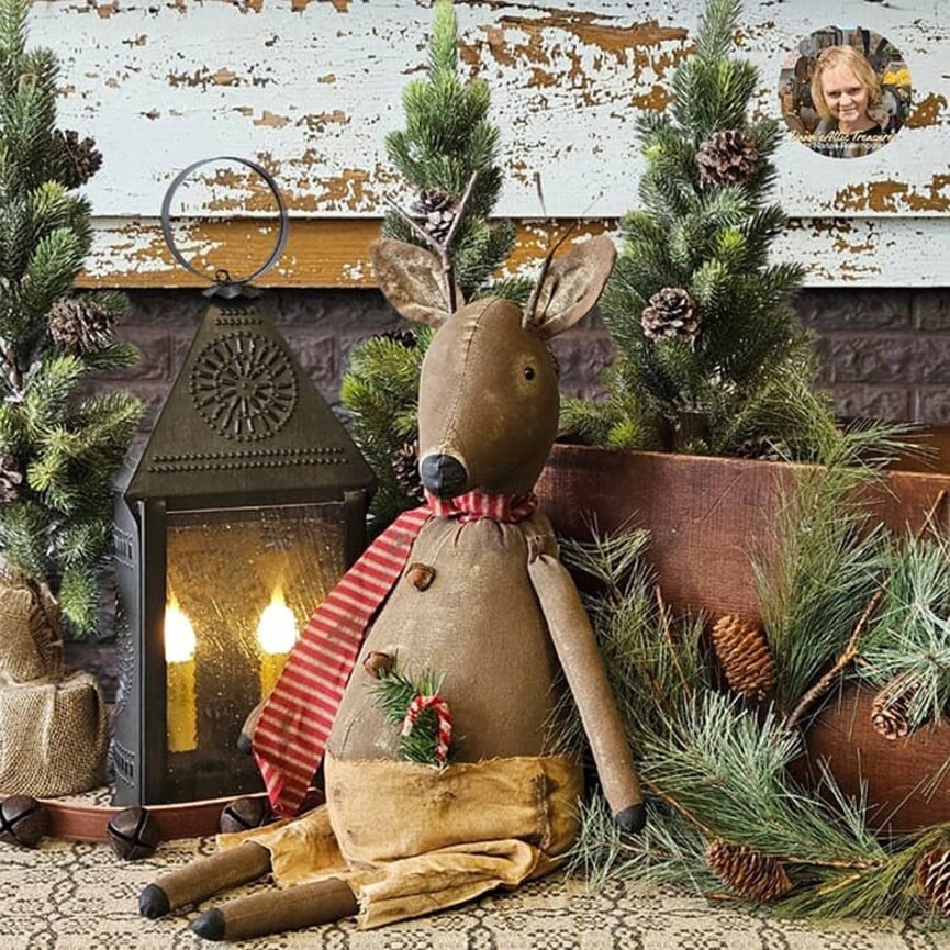 Buck Shelf Sitting Doll in Red Ticking Scarf with Candy Cane - 28"