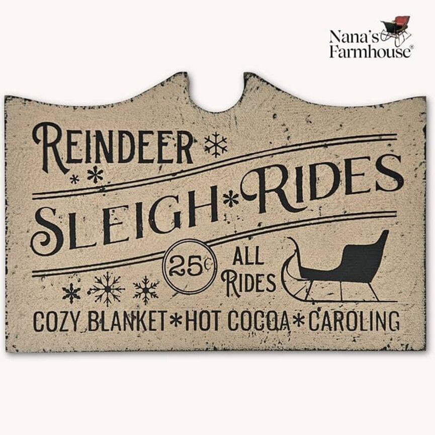Tavern Sign Reindeer Sleigh Rides Shelf Sitter Distressed Linen White 6" x 9"