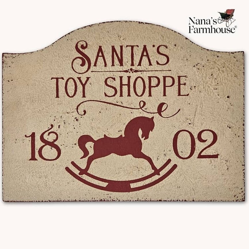 Tavern Sign Santa's Toy Shoppe Shelf Sitter Distressed Linen White - 12" x 9"