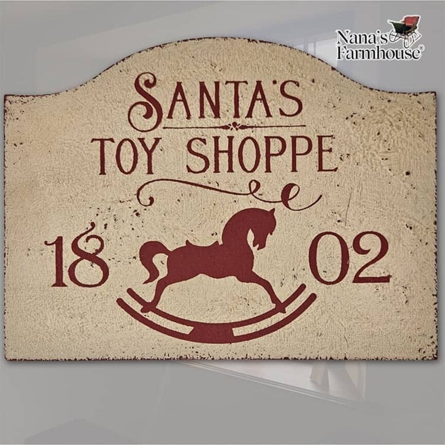 Tavern Sign Santa's Toy Shoppe Shelf Sitter Distressed Linen White - 12" x 9"