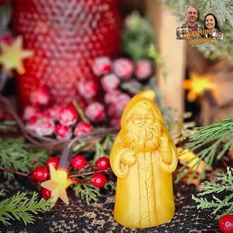 Hooded Santa Natural Beeswax Figurine with Bag On Back
