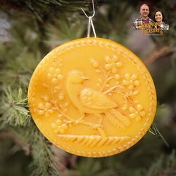 Natural Beeswax Round Distelfink Partridge Flat Ornament - 4.25"