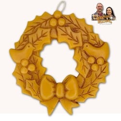 Natural Beeswax Christmas Wreath Ornament with Holly, Berries & Partridge - 5"