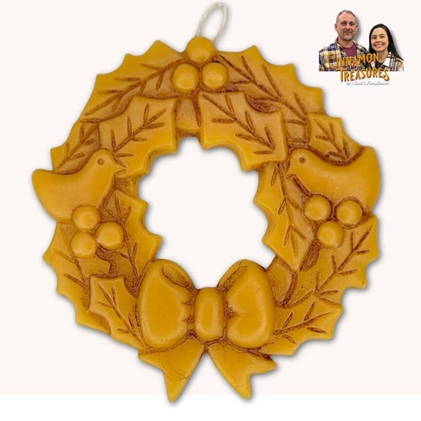 Natural Beeswax Christmas Wreath Ornament with Holly, Berries & Partridge - 5"