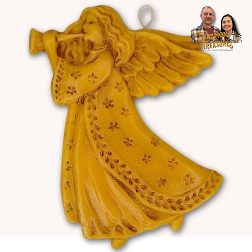 Natural Beeswax Angel with Trumpet Flat Ornament - 5.75" x 4.25"