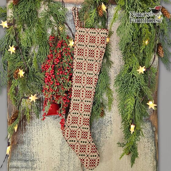 Christmas Coverlet Stocking Red Green Linen 0 Large