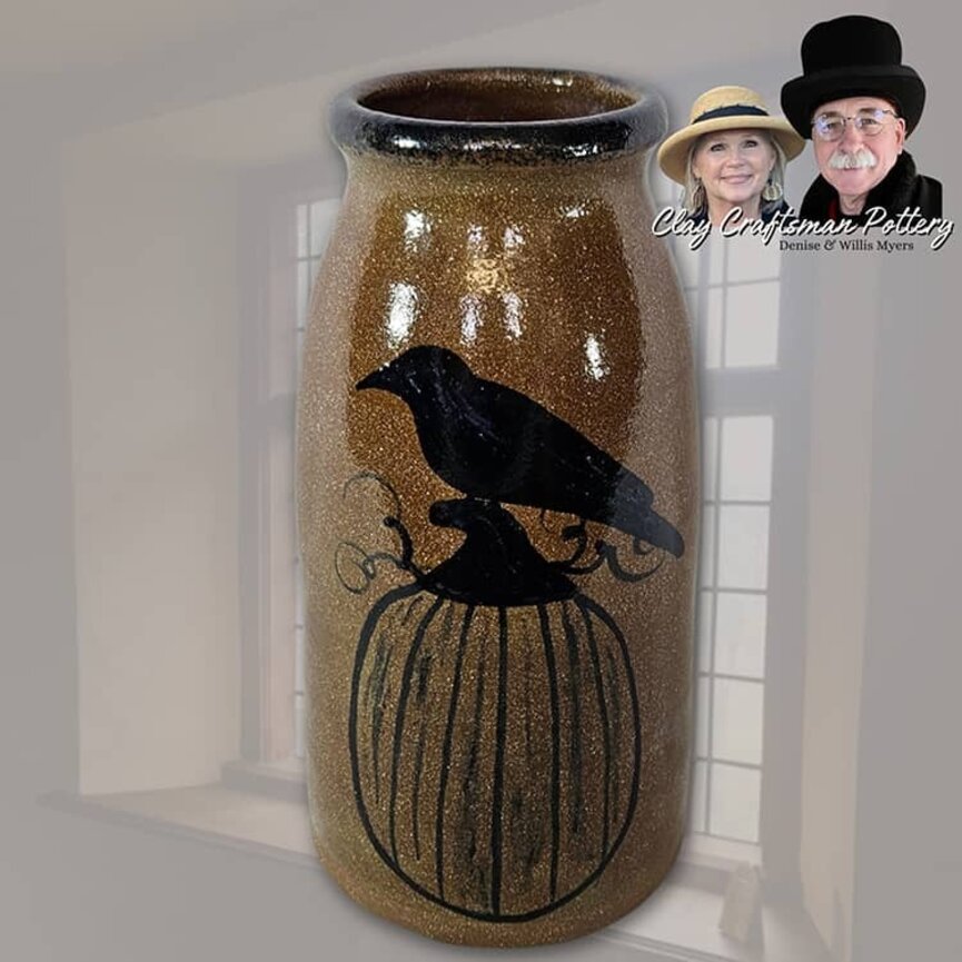Clay Pottery Canning Crock Dark Brown Crow & Pumpkin - 8"