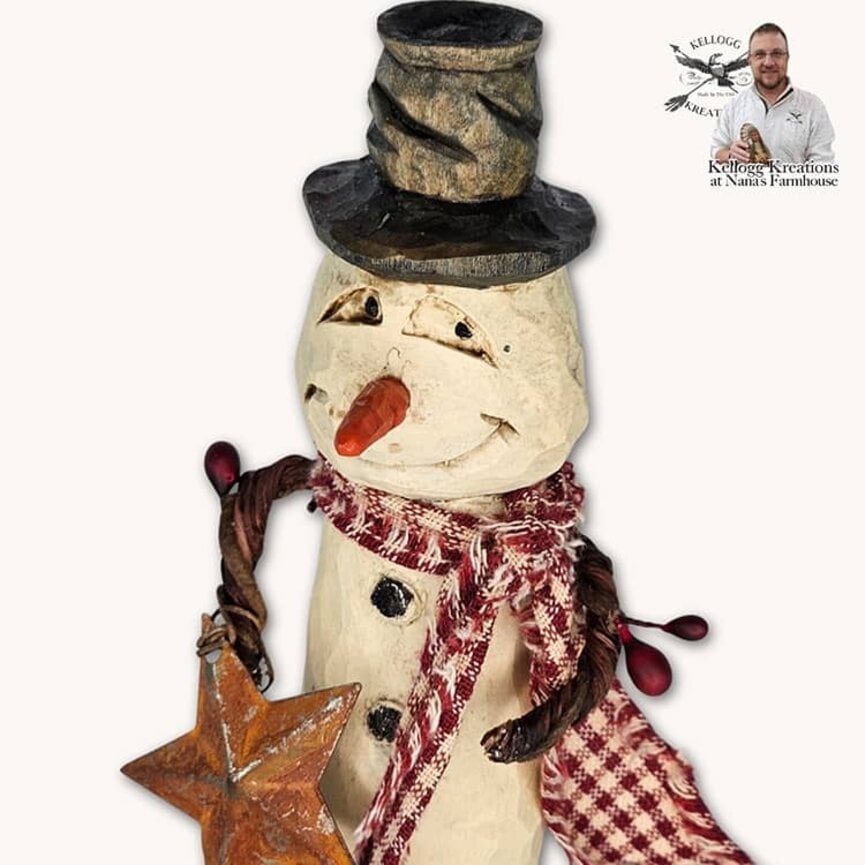 Hand Carved Snowman with Rusty Star & Burgundy Mini Check Scarf - 6.75"