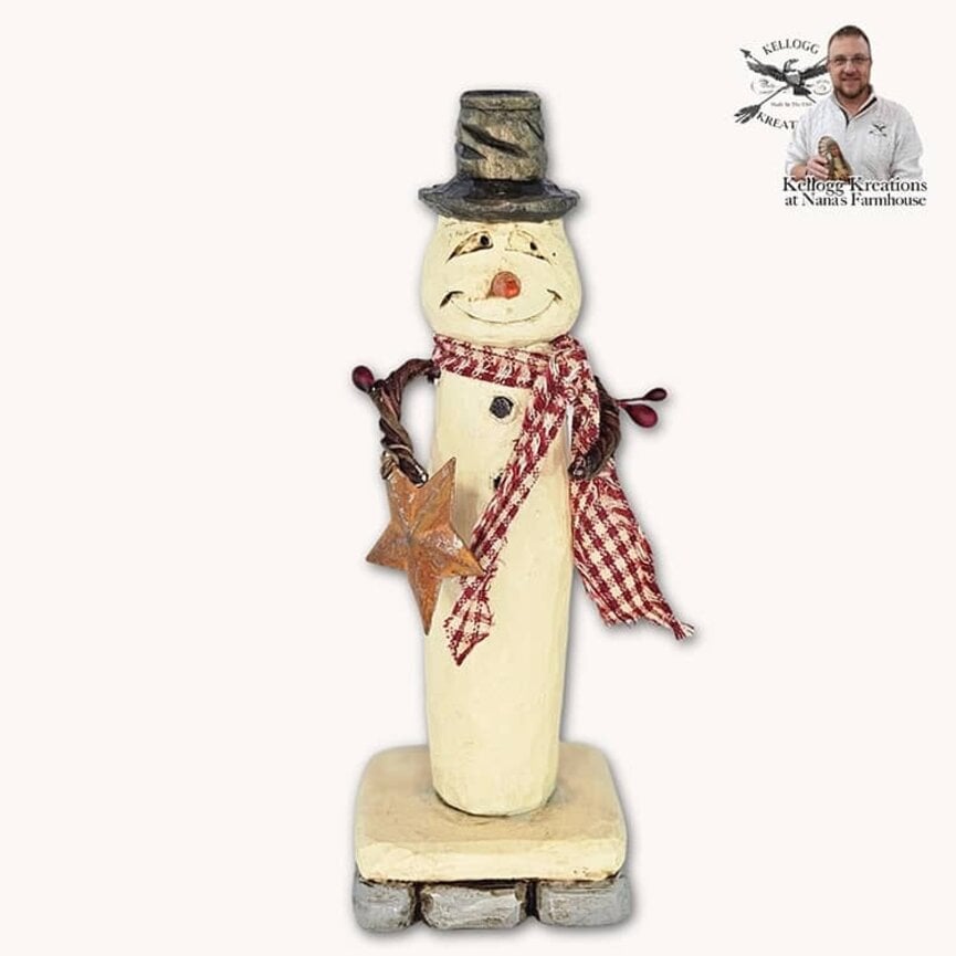 Hand Carved Snowman with Rusty Star & Burgundy Mini Check Scarf - 6.75"