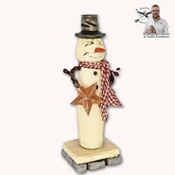 Hand Carved Snowman with Rusty Star & Burgundy Mini Check Scarf - 6.75"