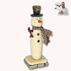 Hand Carved Snowman with Rusty Star & Black Mini Check Scarf - 6.75"