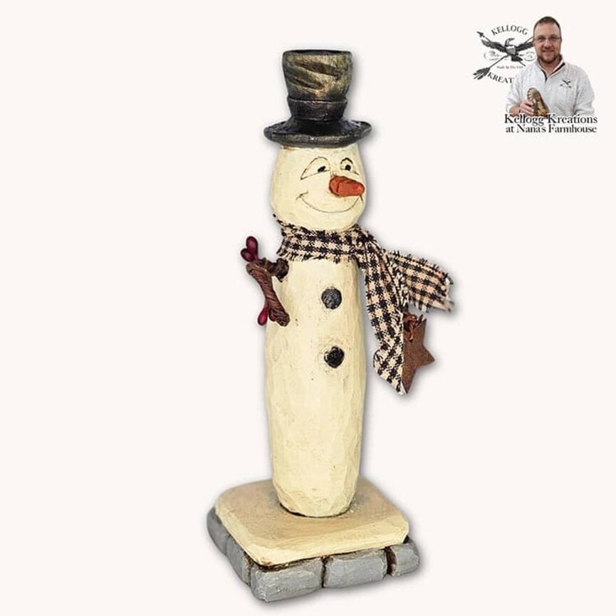 Hand Carved Snowman with Rusty Star & Black Mini Check Scarf - 6.75"