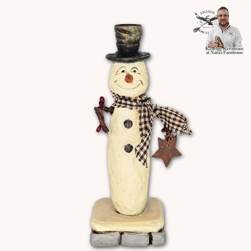 Hand Carved Snowman with Rusty Star & Black Mini Check Scarf - 6.75"