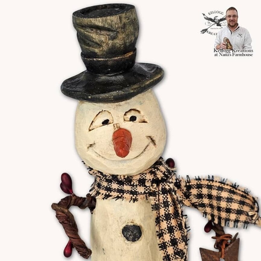 Hand Carved Snowman with Rusty Star & Black Mini Check Scarf - 6.75"