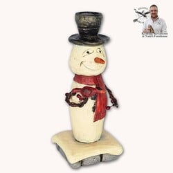 Hand Carved Snowman in Red Scarf with Cardinal - 6"