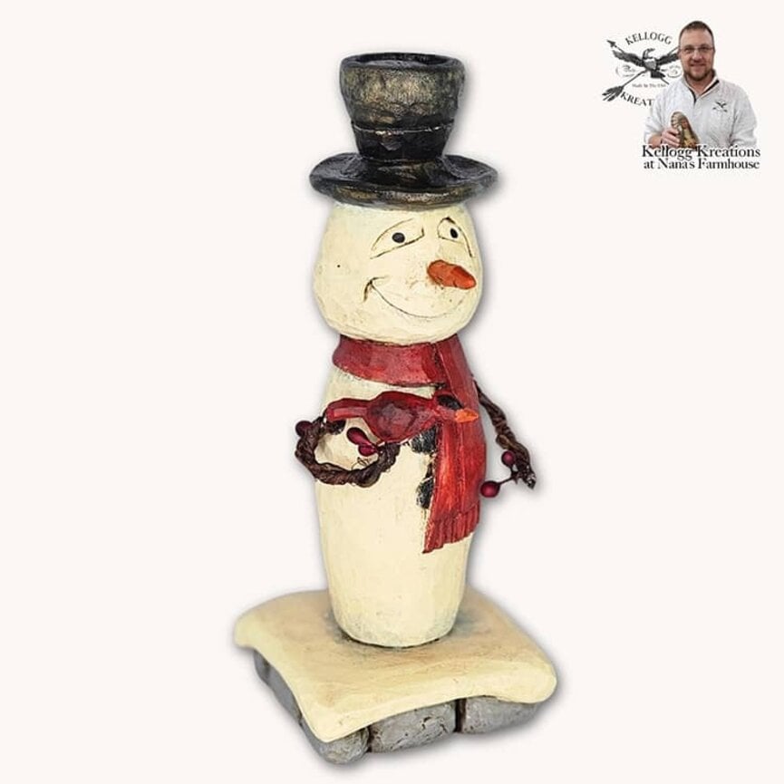 Hand Carved Snowman in Red Scarf with Cardinal - 6"