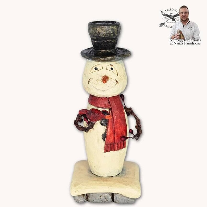 Hand Carved Snowman in Red Scarf with Cardinal - 6"