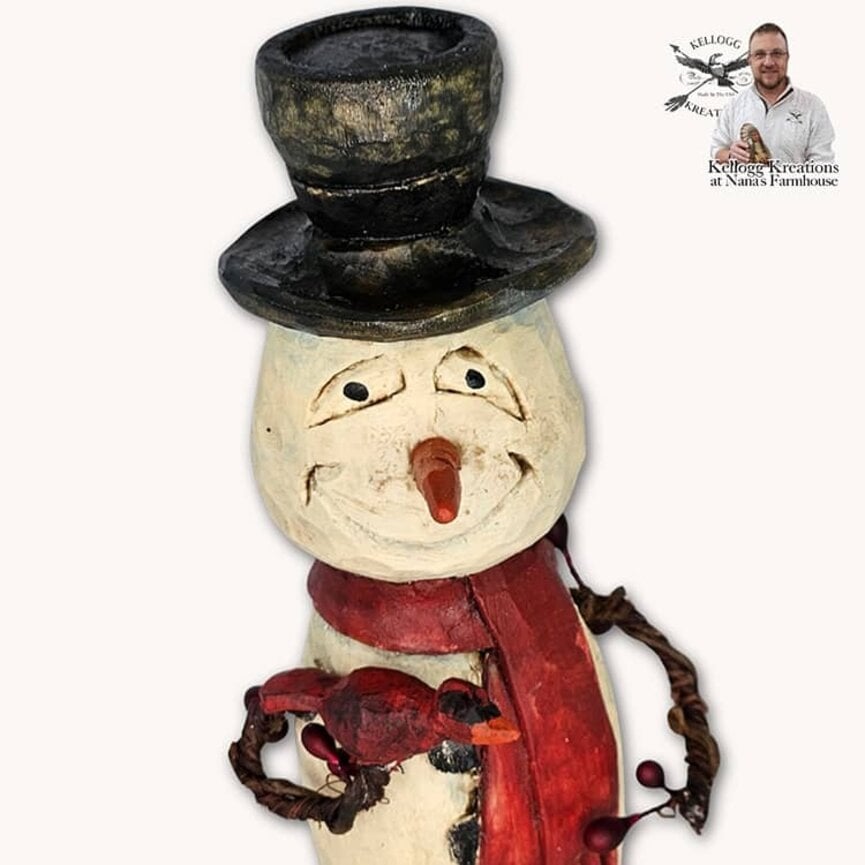 Hand Carved Snowman in Red Scarf with Cardinal - 6"