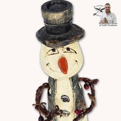 Hand Carved Snowman in Gray Vest with Rusty Bell - 6.75"