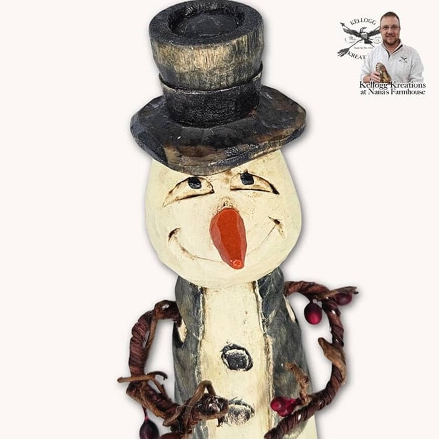 Hand Carved Snowman in Gray Vest with Rusty Bell - 6.75"