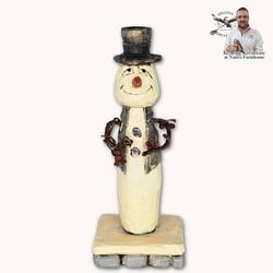 Hand Carved Snowman in Gray Vest with Rusty Bell - 6.75"